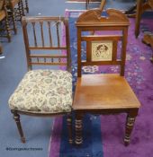 A late Victorian walnut hall chair with inset Minton tile and a Victorian walnut single chair.