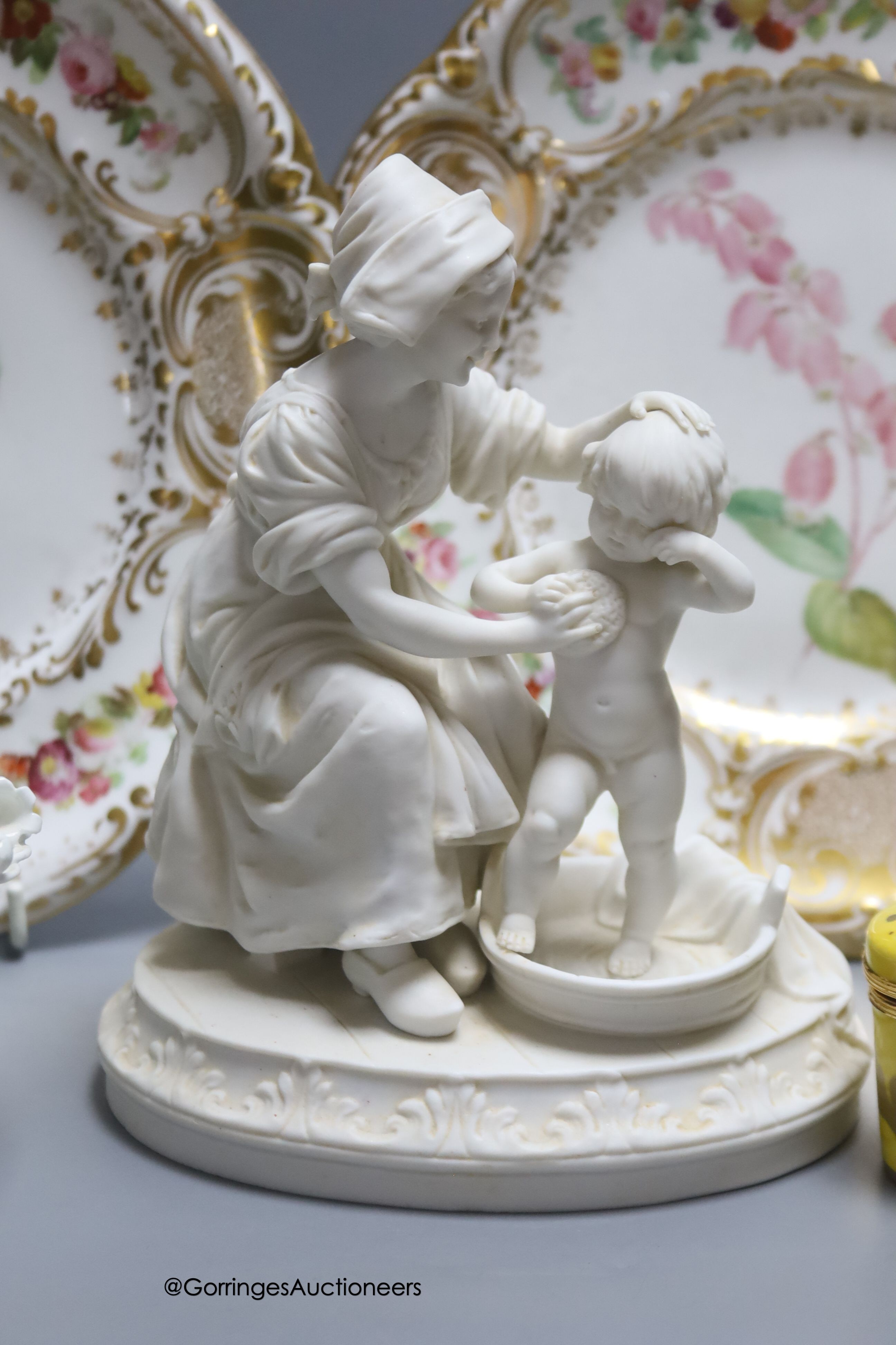 A pair Victorian dessert plates, a Parian Ware group, 'Bathtime', a Limoges box with hinged cover - Image 4 of 6