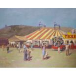 John Ingham, oil on canvas, Figures beside a circus tent, signed, 46 x 56cm, unframed