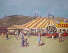 John Ingham, oil on canvas, Figures beside a circus tent, signed, 46 x 56cm, unframed