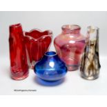 Five Whitefriars glass vases, various, including two 'Knobbly' vases designed by Geoffrey Baxter in