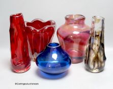 Five Whitefriars glass vases, various, including two 'Knobbly' vases designed by Geoffrey Baxter in