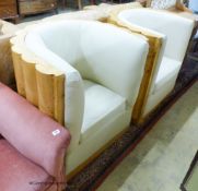 A pair of Art Deco style tub framed cream leather and maple chairs, width 84cm, depth 66cm, height