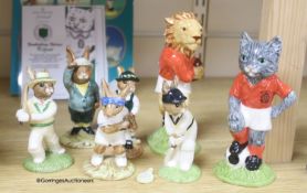 Seven Royal Doulton Bunnykins figures, sporting figures and two Royal Doulton sporting figures,