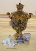 A Russian gilt samovar painted with flowers and a small collection of Russian ceramics,including a