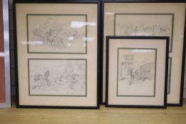 Baron Fritz Weber (d.1931), thirteen pencil drawings, Equestrian subject, 17 x 27cm, in six frames