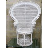 A white painted wickerwork peacock armchair, width 110cm, height 146cm