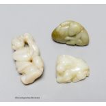 Three Chinese jade figures of a monkey, a buffalo and a lady, 4 - 7.2cm