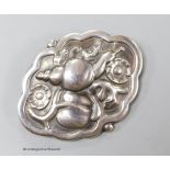 A Georg Jensen cartouche shaped sterling brooch depicting a snail amid foliage, design no. 279,