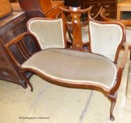 An art nouveau inlaid mahogany settee. W-116, D-54, H-92cm.