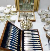 A mahogany cased silver plated and mother of pearl handled fruit set, a cruet stand and fish