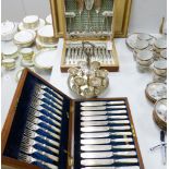 A mahogany cased silver plated and mother of pearl handled fruit set, a cruet stand and fish