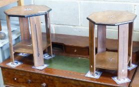 Two African octagonal inlaid hardwood occasional tables. Larger, W-33, H-40cm.