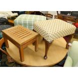 A Cabriole leg stool, a footstool and small teak table.