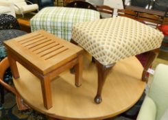 A Cabriole leg stool, a footstool and small teak table.