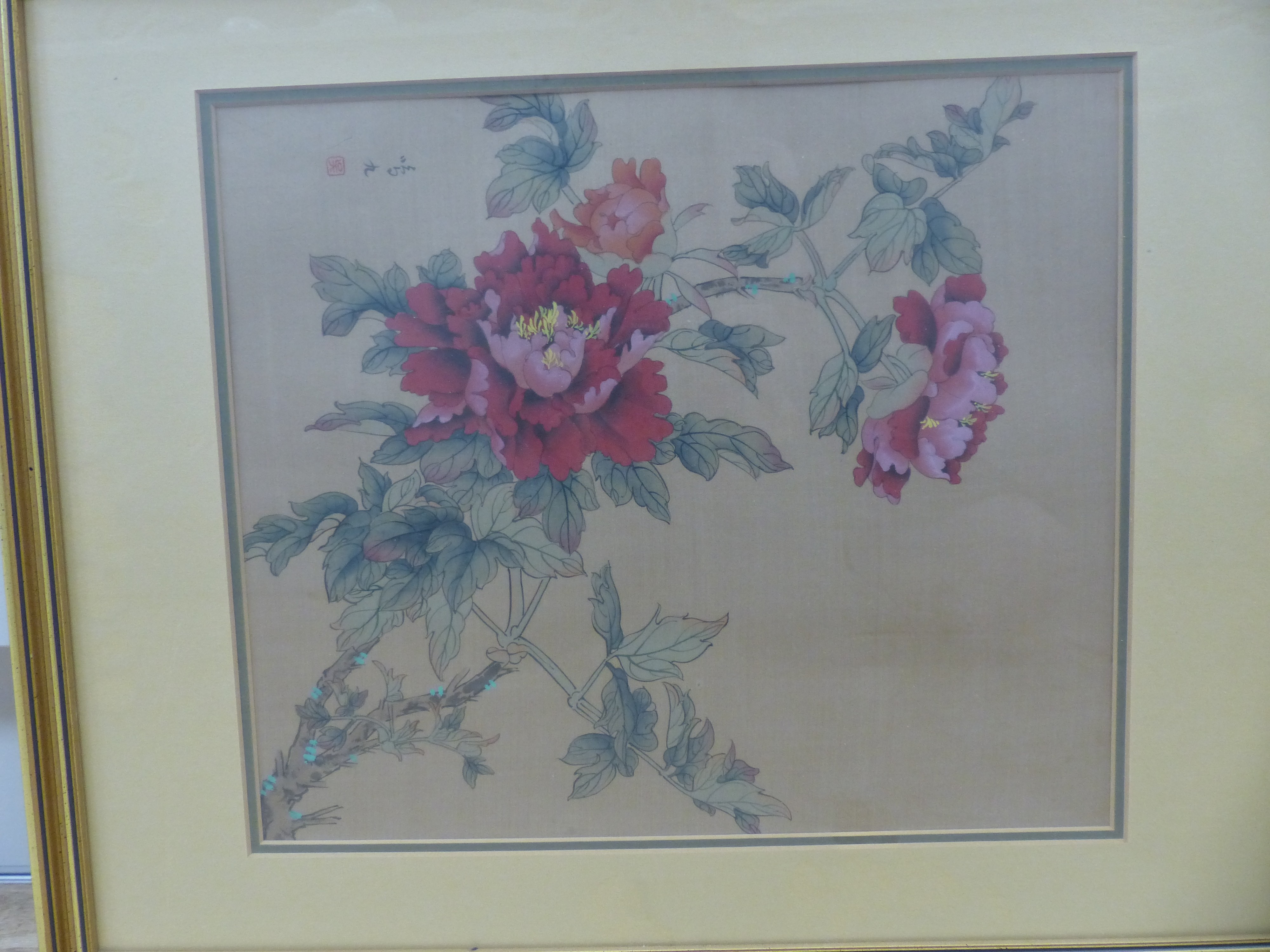 A pair of Chinese watercolours on silk, Butteflies among peony, 36 x 30cm - Image 2 of 4