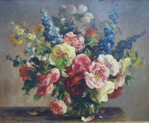 Stuart Somerville (1908-1983), oil on board, Still life of a vase of flowers, signed and dated