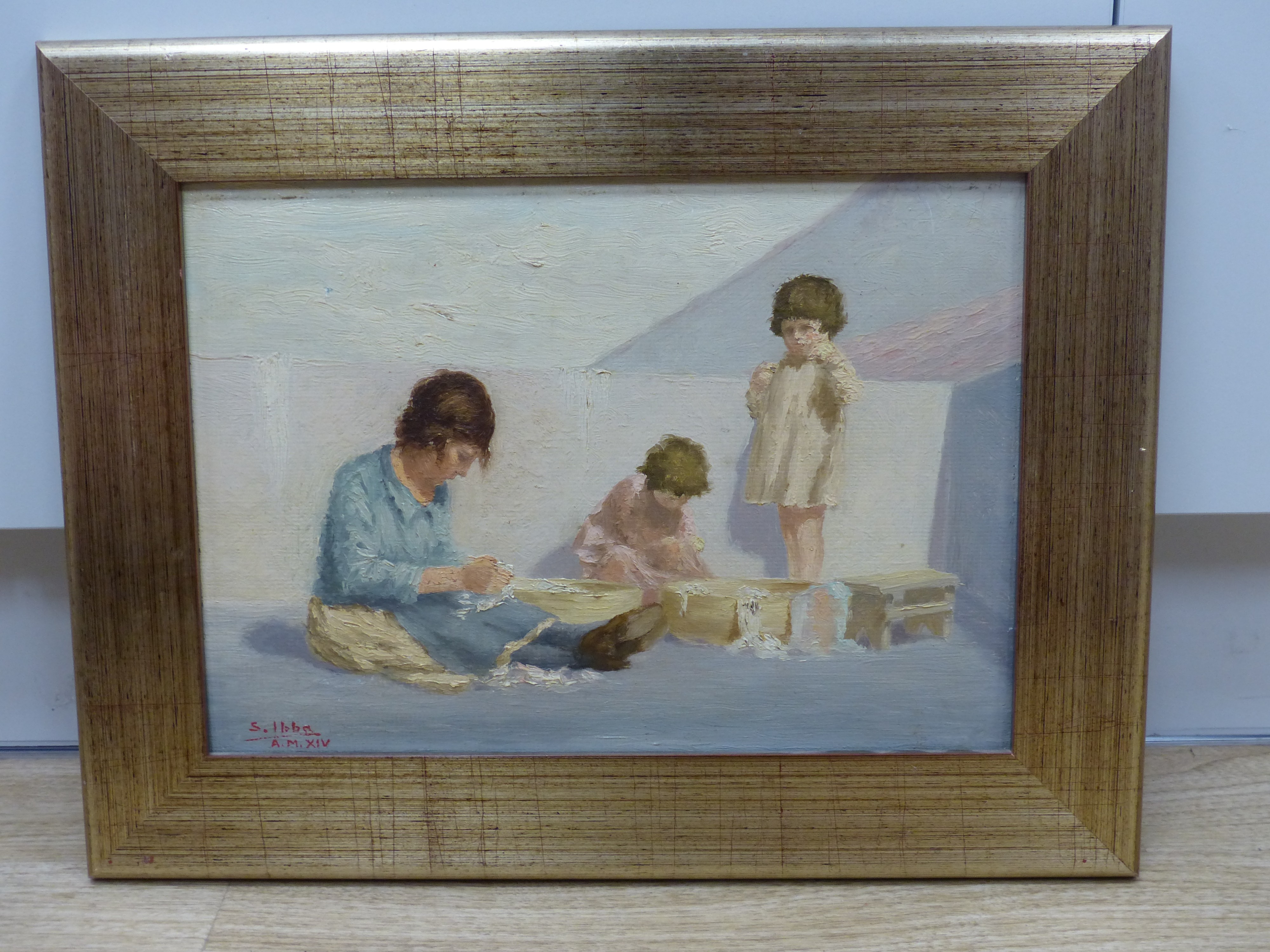 S. Ibba, oil on board, Street children washing clothes, 34 x 24cm - Image 2 of 4