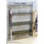 Merrow Associates, chrome and glass four tier shelving unit. W-92, D-32, H-140cm.