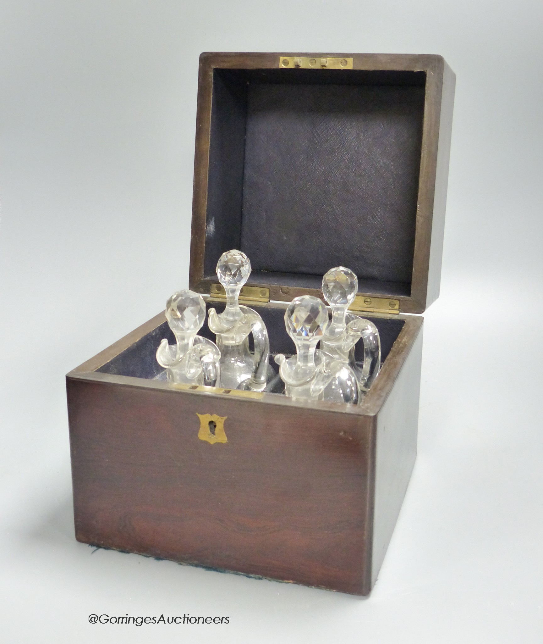 A Victorian rosewood case set of cut glass liqueur decanters, case is 22cm high, width 20cm, depth