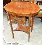 An Edwardian satinwood banded and inlaid oval occasional table. W-60, D-39, H-72cm.