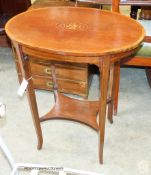 An Edwardian satinwood banded and inlaid oval occasional table. W-60, D-39, H-72cm.