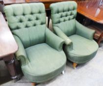 A pair of Victorian style armchairs upholstered in green moire silk.