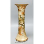 A Japanese satsuma earthenware trumpet vase by Kizan, Meiji period. The body painted and gilt with