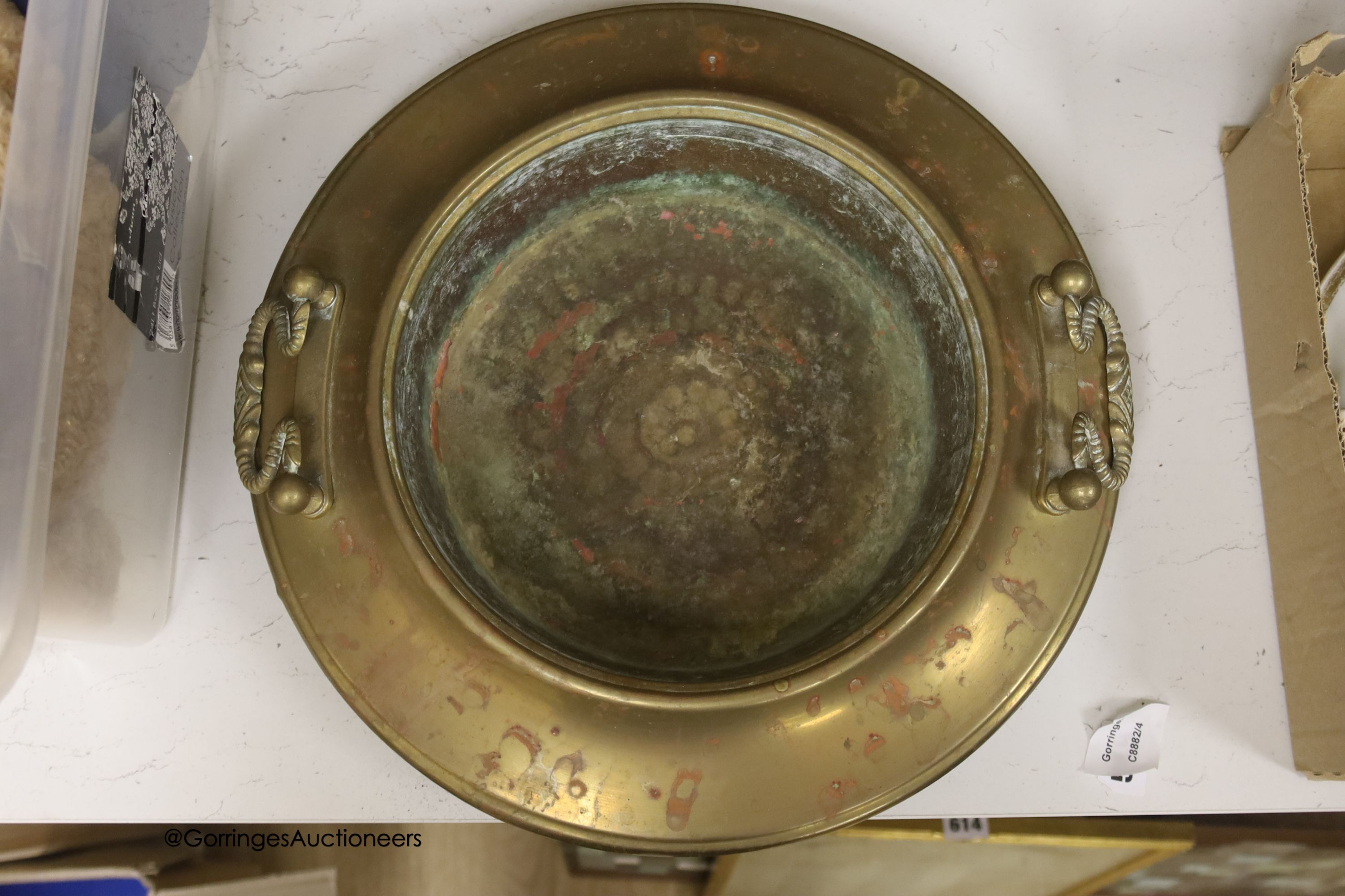 A circular brass two handled bowl, diameter 38cm - Image 3 of 4