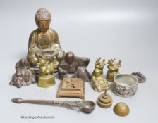 A group of mixed Oriental Buddha's, vases, weights, etc.