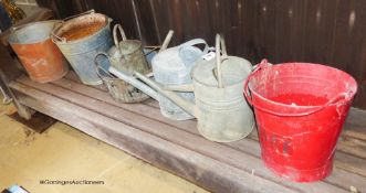 7 galvanised watering cans and buckets.