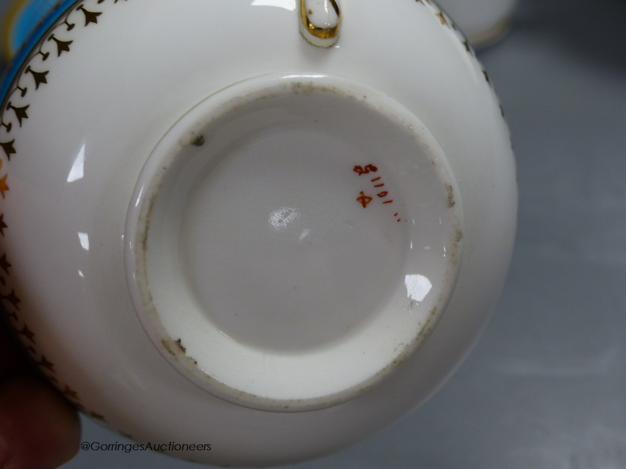 A Minton coffee cup, teacup and saucer with turquoise and gold jewelled band under a gold acid - Image 3 of 3