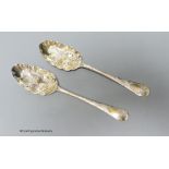 A pair of 18th century silver 'berry' spoons by Ebenezer Coker (marks rubbed and pinched), 19.8cm,