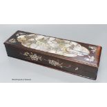 A Chinese Hongmu and mother of pearl brush box, 40cm long