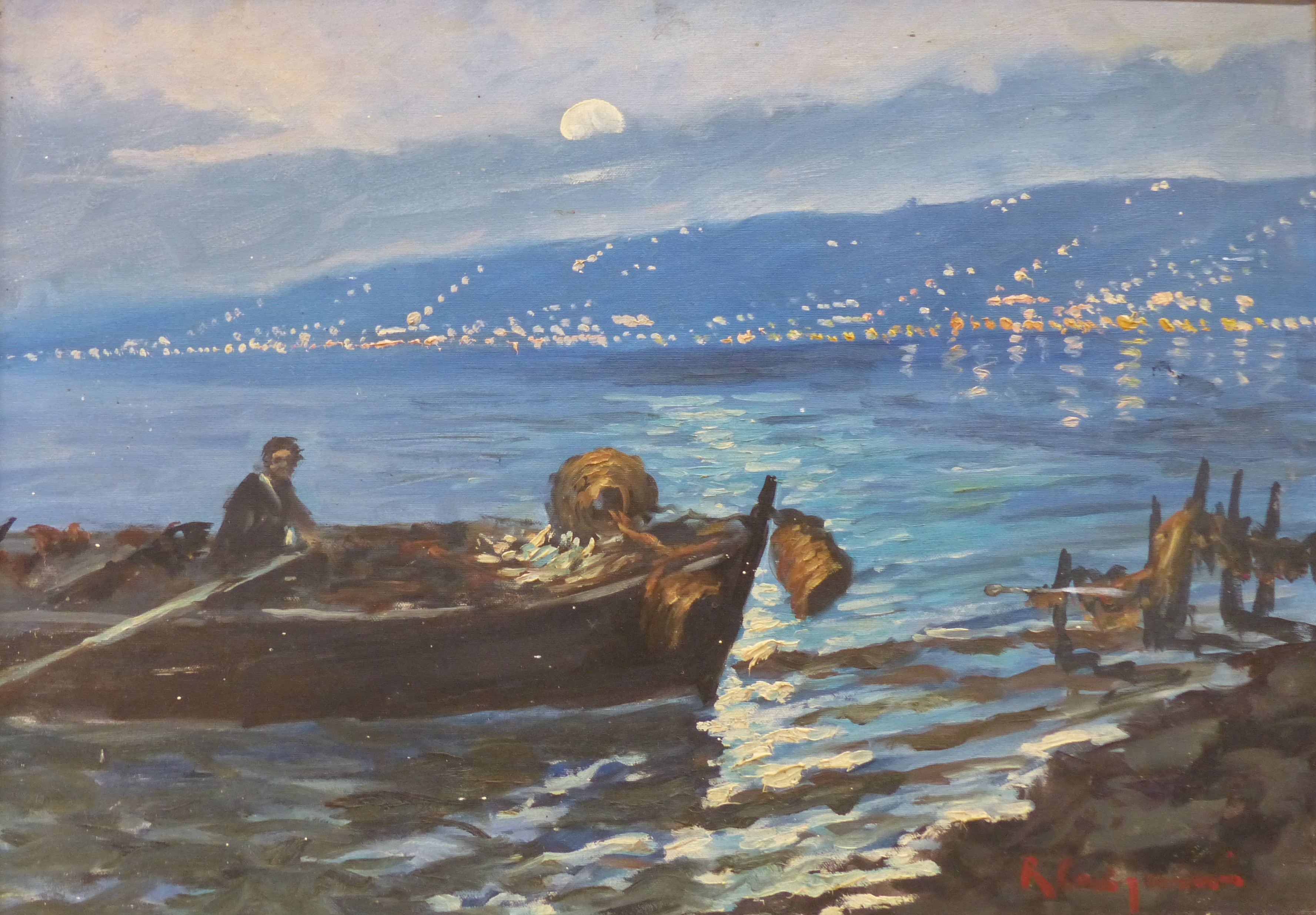 Roberto Carignani (1894-...), oil on canvas, Fishing boat in the Bay of Naples at night, signed,