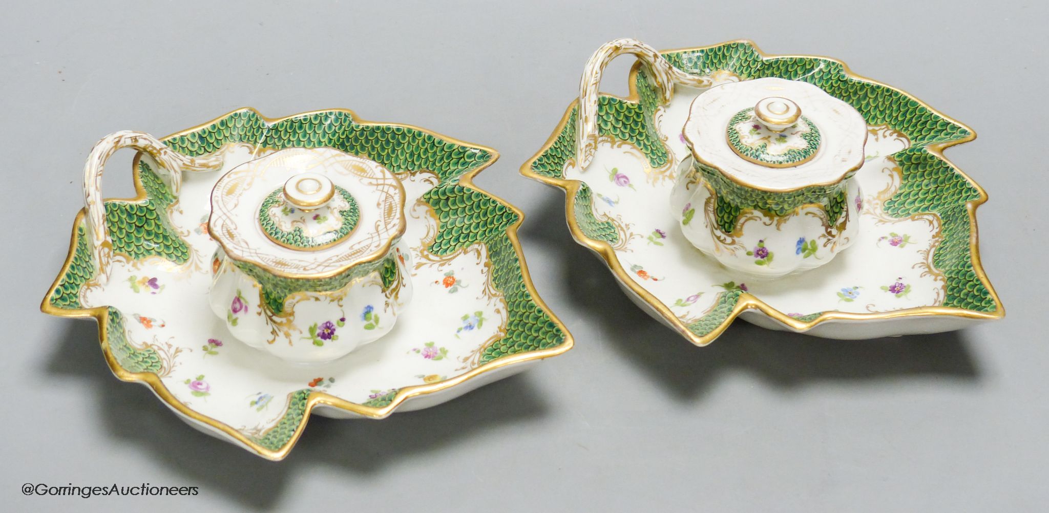 A pair of Dresden porcelain inkwells, length 19cm