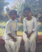 Constance Gertrude Copeman (1864-1953), oil on canvas, Portrait of two children with banana grove