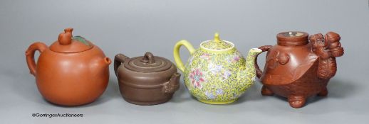 Three Chinese Yixing teapots and a yellow ground teapot, height 10cm