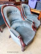 A pair of Victorian mahogany spoonback armchairs. W-71cm, D-84cm, H-95cm.