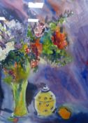 Modern British, watercolour, Still life with flowers in a vase, 75 x 56cm