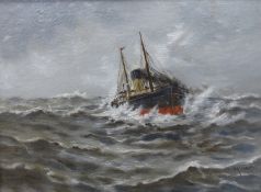 Nigel Terry, oil on canvas, Seascape of a trawler through rough sea, monogrammed NT and dated 1910,