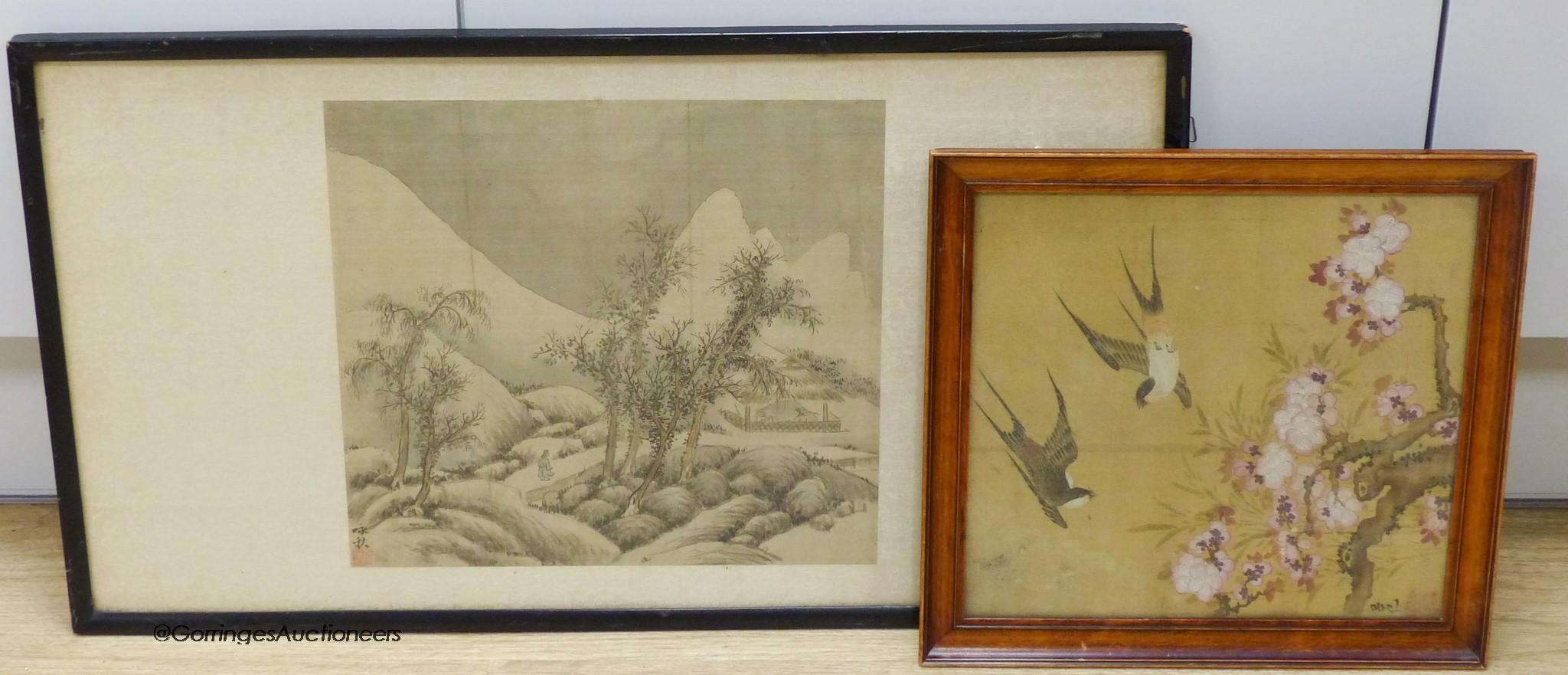 A late 19th century Chinese landscape painting on silk and another of birds amid prunus, largest 28