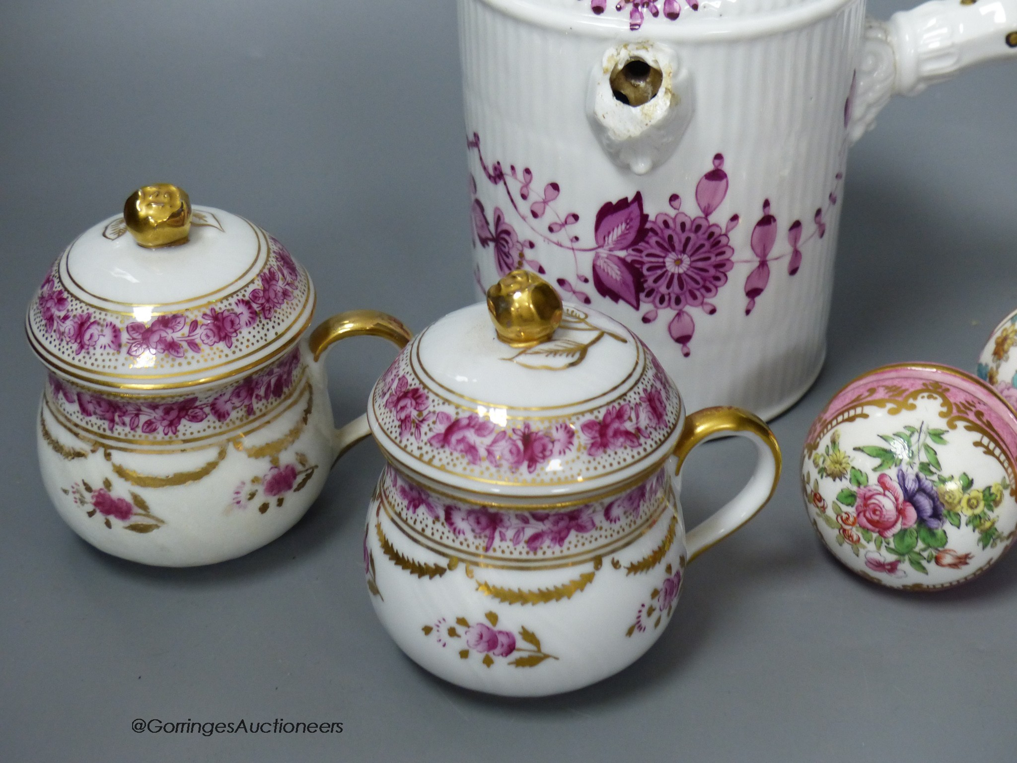 A Continental chocolate pot and two cups and covers and four menu holders - Image 4 of 7