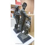 A pair of spelter figures of miners, in memory of Six Bells Colliery disaster, 51cm high