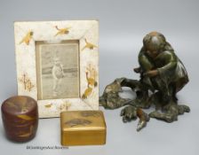 A Japanese lacquer jar and cover, a box and cover, a photo frame,22 x 18cm and an antimony figure