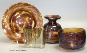 A Mdina glass bowl, together with an Alvar Aalto vase and two other pieces of glass