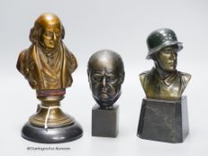 Three cast metal portrait busts, tallest 22cm