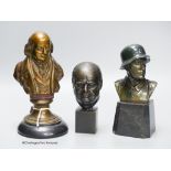 Three cast metal portrait busts, tallest 22cm