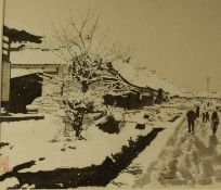 Sumio Suzuki, watercolour, Ouchi-Juku in the first snow, Japan, 42 x 36cm, unframed