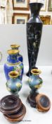 A pair of Chinese cloisonne vases and a smaller pair of cloisonne vases, and two mother of pearl